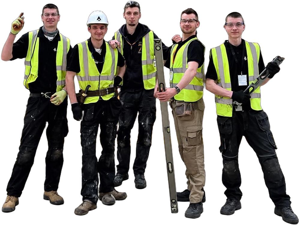 The AK Constructions team in hi-vis vests and safety glasses